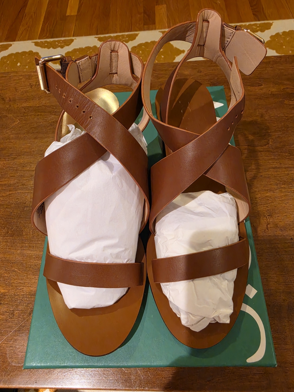 J. Crew Women's Brown Leather Crisscross Ankle Strap, Stacked Heel Sandals